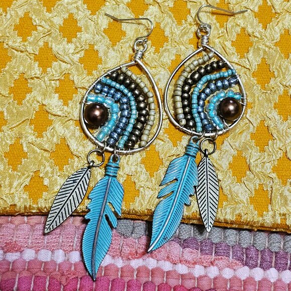 Artisan Hand Crafted Earrings Gold Teardrop Hoop Aqua Beige Brown Beaded Pierced - Picture 2 of 9